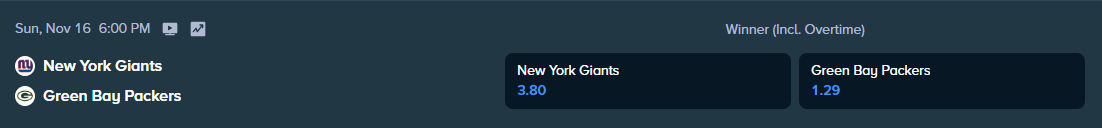 stake.com betting odds for the giants vs packers nfl match